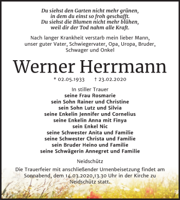 Traueranzeige von Werner Herrmann von Wochenspiegel Naumburg/Nebra