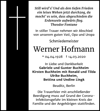 Traueranzeige von Werner Hofmann von Mitteldeutsche Zeitung Naumburg/Nebra