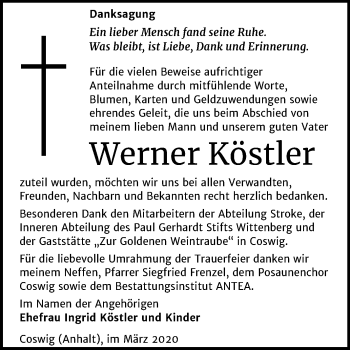 Traueranzeige von Werner Köstler von Mitteldeutsche Zeitung Wittenberg