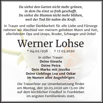 Traueranzeige von Werner Lohse von Super Sonntag Merseburg/Querfurt