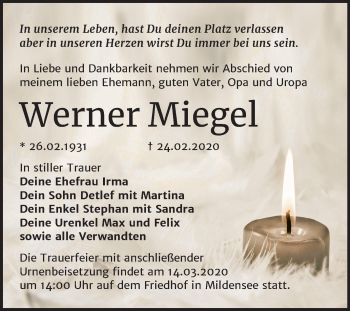 Traueranzeige von Werner Miegel von Super Sonntag Dessau-Roßlau