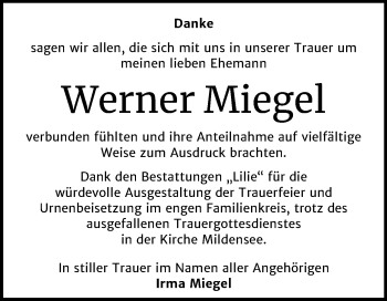 Traueranzeige von Werner Miegel von Mitteldeutsche Zeitung Dessau-Roßlau