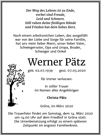 Traueranzeige von Werner Pätz von Mitteldeutsche Zeitung Bernburg