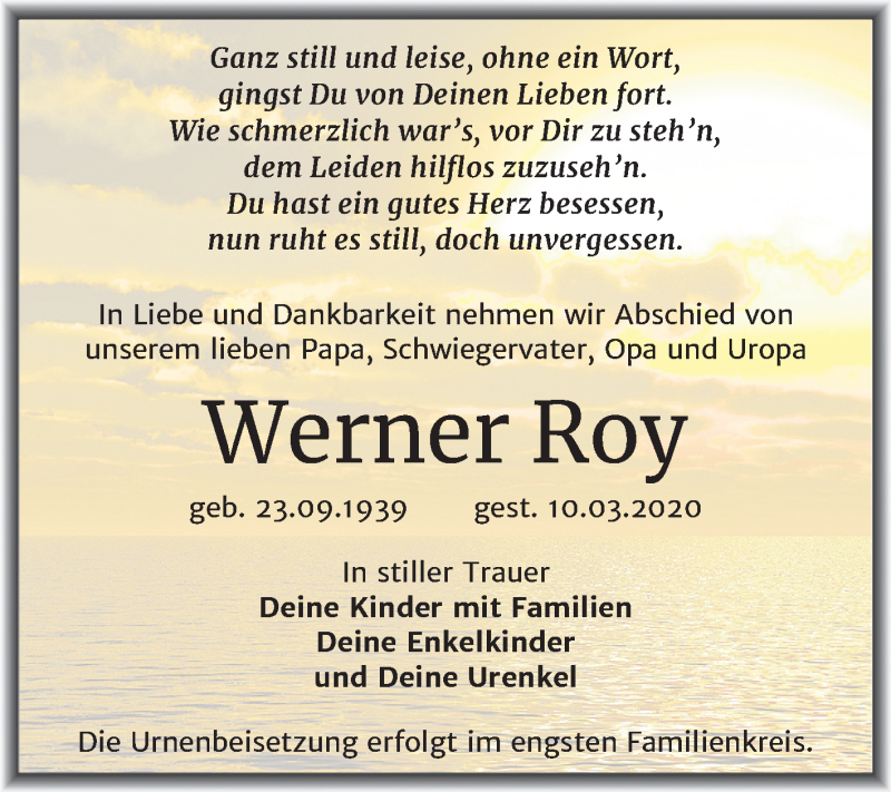  Traueranzeige für Werner Roy vom 21.03.2020 aus Mitteldeutsche Zeitung Wittenberg