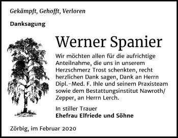 Traueranzeige von Werner Spanier von Wochenspiegel Bitterfeld