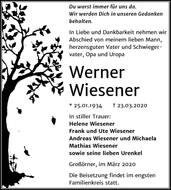 Traueranzeige von Werner Wiesener von Mitteldeutsche Zeitung Mansfelder Land