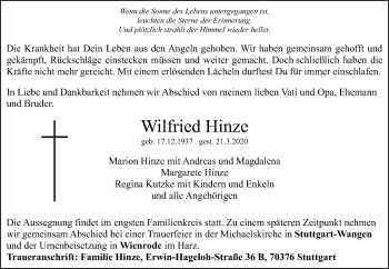 Traueranzeige von Wilfried Hinze von Mitteldeutsche Zeitung Quedlinburg