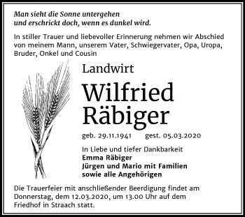 Traueranzeige von Wilfried Räbiger von Super Sonntag Wittenberg