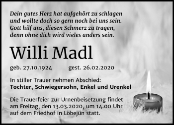 Traueranzeige von Willi Madl von Mitteldeutsche Zeitung Halle/Saalkreis