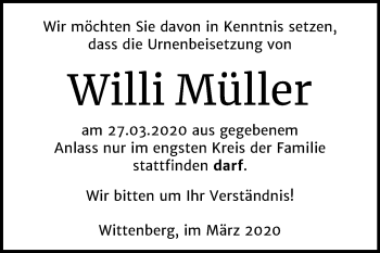 Traueranzeige von Willi Müller von Mitteldeutsche Zeitung Wittenberg