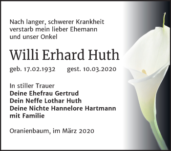 Traueranzeige von Willi Erhard Hut von Super Sonntag Wittenberg