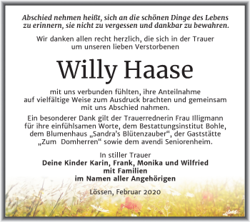 Traueranzeige von Willy Haase von Mitteldeutsche Zeitung Merseburg/Querfurt