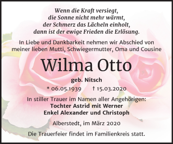 Traueranzeige von Wilma Otto von Super Sonntag Merseburg/Querfurt