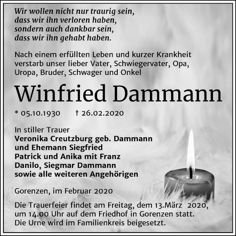  Traueranzeige für Winfried Dammann vom 04.03.2020 aus Wochenspiegel Mansfelder Land