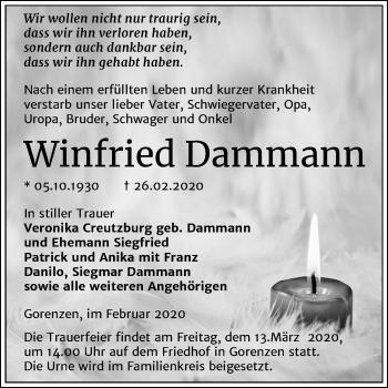 Traueranzeige von Winfried Dammann von Wochenspiegel Mansfelder Land