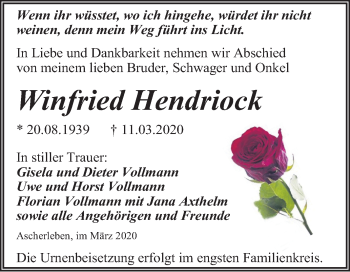 Traueranzeige von Winfried Hendriock von Super Sonntag Aschersleben