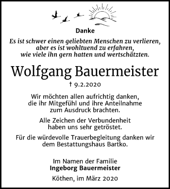 Traueranzeige von Wolfgang Bauermeister von Mitteldeutsche Zeitung Köthen