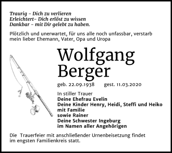 Traueranzeige von Wolfgang Berger von Mitteldeutsche Zeitung Bitterfeld