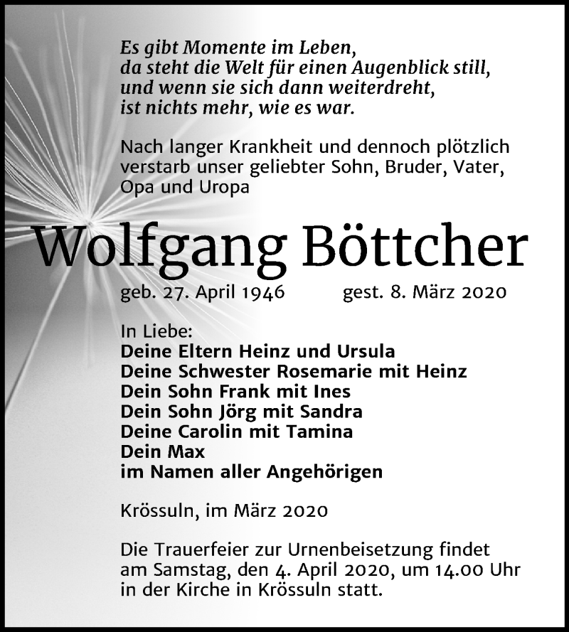  Traueranzeige für Wolfgang Böttcher vom 18.03.2020 aus Wochenspiegel Weißenfels