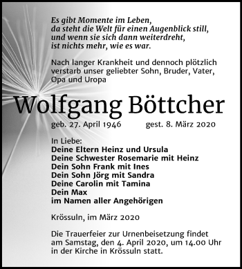 Traueranzeige von Wolfgang Böttcher von Wochenspiegel Weißenfels