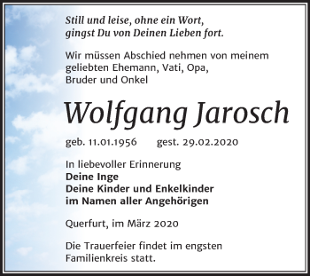 Traueranzeige von Wolfgang Jarosch von Mitteldeutsche Zeitung Merseburg/Querfurt