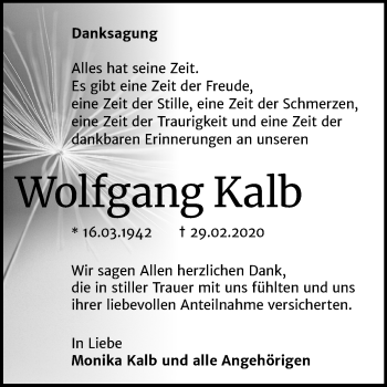 Traueranzeige von Wolfgang Kalb von Super Sonntag Sangerhausen