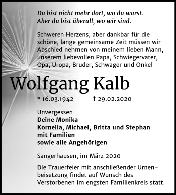 Traueranzeige von Wolfgang Kalb von Mitteldeutsche Zeitung Sangerhausen