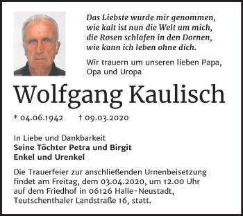 Traueranzeige von Wolfgang Kaulisch von Mitteldeutsche Zeitung Bitterfeld