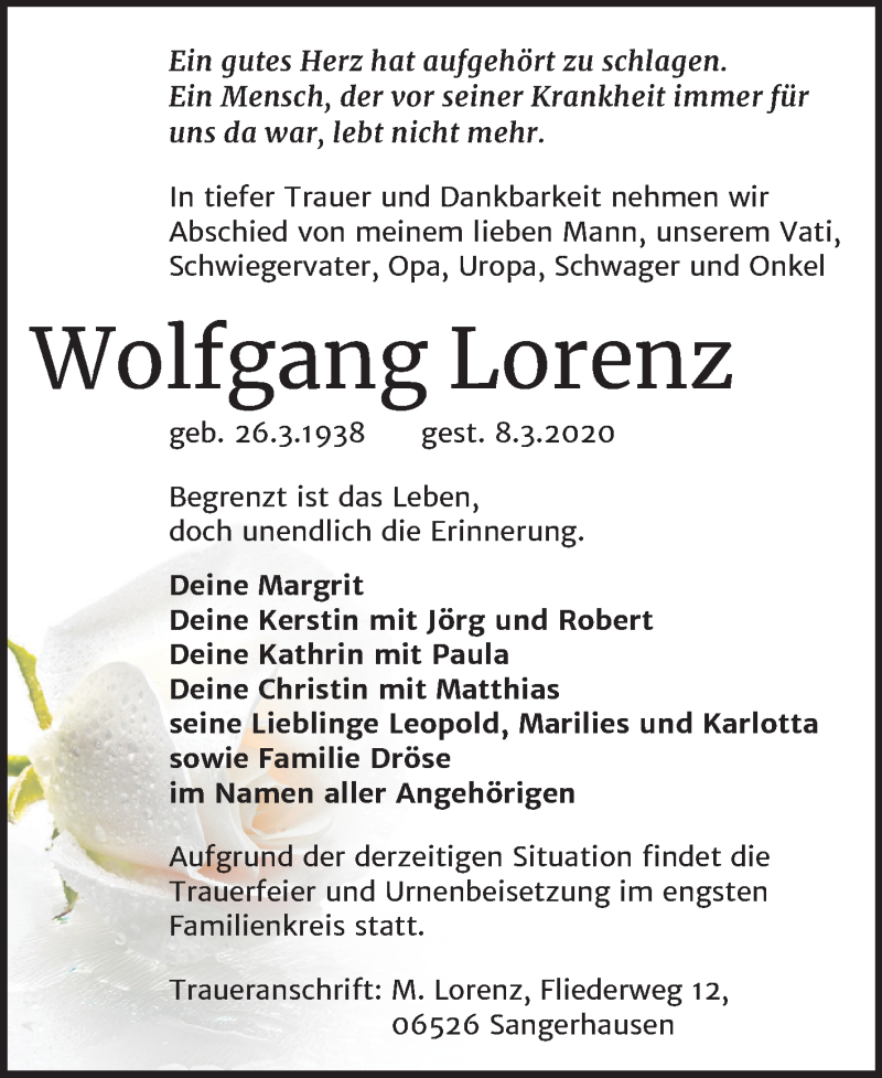  Traueranzeige für Wolfgang Lorenz vom 28.03.2020 aus Super Sonntag Sangerhausen