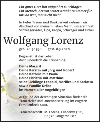 Traueranzeige von Wolfgang Lorenz von Mitteldeutsche Zeitung Sangerhausen