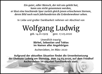 Traueranzeige von Wolfgang Ludwig von Mitteldeutsche Zeitung Aschersleben