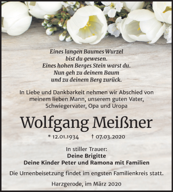 Traueranzeige von Wolfgang Meißner von Super Sonntag Quedlinburg