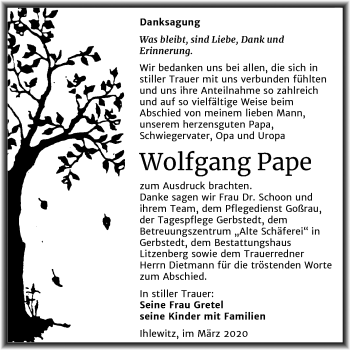 Traueranzeige von Wolfgang Pape von Super Sonntag Mansfelder Land