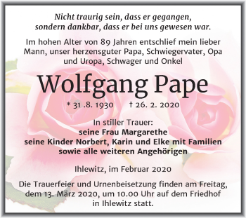 Traueranzeige von Wolfgang Pape von Wochenspiegel Mansfelder Land