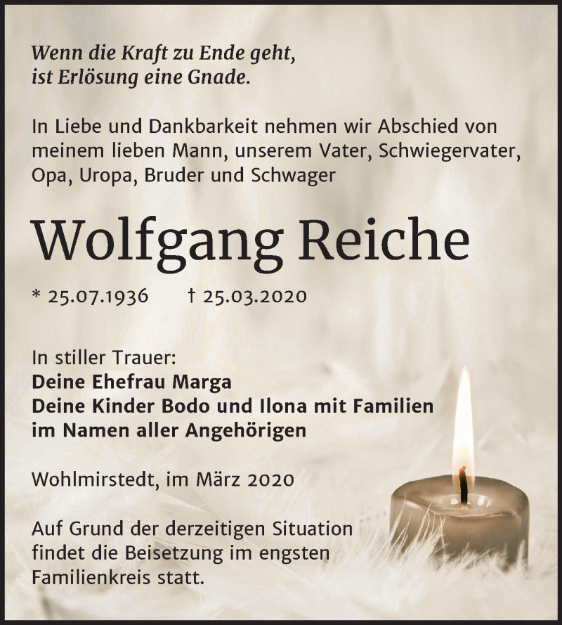  Traueranzeige für Wolfgang Reiche vom 28.03.2020 aus Mitteldeutsche Zeitung Naumburg/Nebra