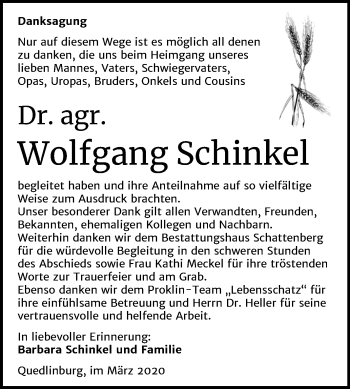 Traueranzeige von Wolfgang Schinkel von Mitteldeutsche Zeitung Quedlinburg