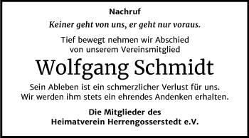 Traueranzeige von Wolfgang Schmidt von Wochenspiegel Naumburg/Nebra