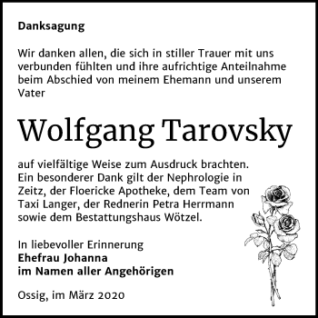 Traueranzeige von Wolfgang Tarovsky von Mitteldeutsche Zeitung Zeitz