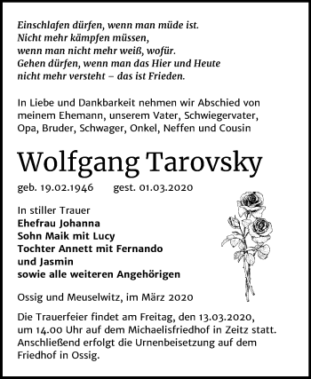Traueranzeige von Wolfgang Tarovsky von Super Sonntag Zeitz
