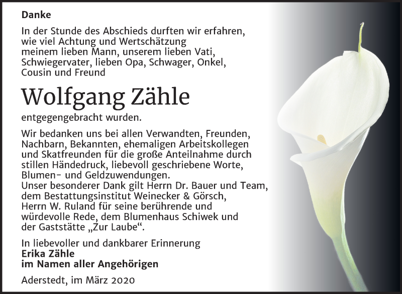  Traueranzeige für Wolfgang Zähle vom 14.03.2020 aus Super Sonntag Bernburg