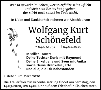 Traueranzeige von Wolfgang Kurt Schönefeld von Wochenspiegel Mansfelder Land