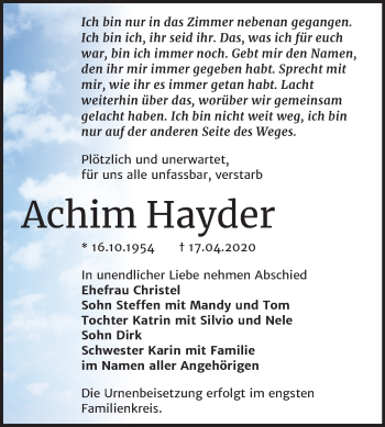 Traueranzeige von Achim Hayder von Mitteldeutsche Zeitung Bernburg