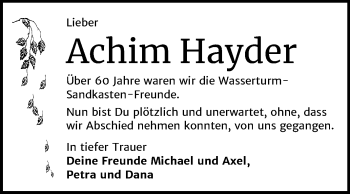 Traueranzeige von Achim Hayder von Super Sonntag Bernburg