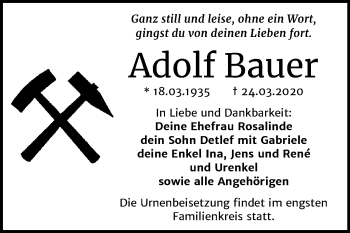 Traueranzeige von Adolf Bauer von Mitteldeutsche Zeitung Mansfelder Land