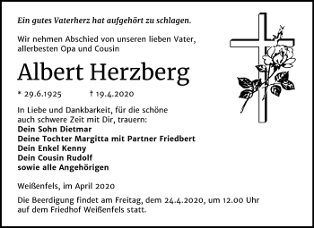 Traueranzeige von Albert Herzberg von Mitteldeutsche Zeitung Weißenfels