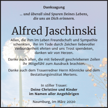 Traueranzeige von Alfred Jaschinski von Mitteldeutsche Zeitung Naumburg/Nebra
