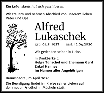 Traueranzeige von Alfred Lukaschek von Super Sonntag Merseburg/Querfurt