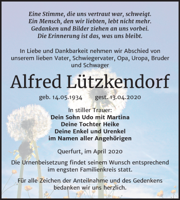 Traueranzeige von Alfred Lützkendorf von Super Sonntag Merseburg/Querfurt