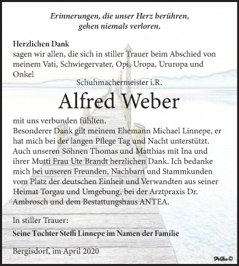 Traueranzeige von Alfred Weber von Super Sonntag Zeitz