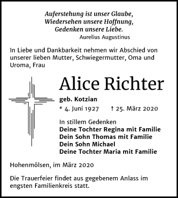 Traueranzeige von Alice Richter von Super Sonntag Weißenfels